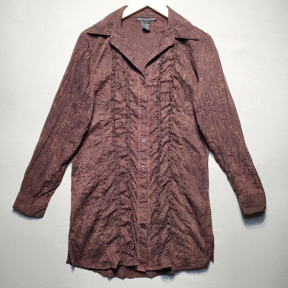 Antilia Femme Paisley Ruffle Tunic Shirt Womens S Brown Textured Victorian Boho